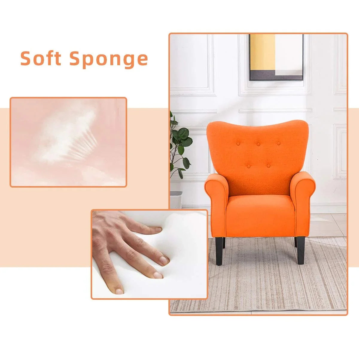 Poltrona moderna Erommy, Poltrona con schienale alto, Poltrona singola in tessuto imbottita con bottoni e gambe in legno per soggiorno