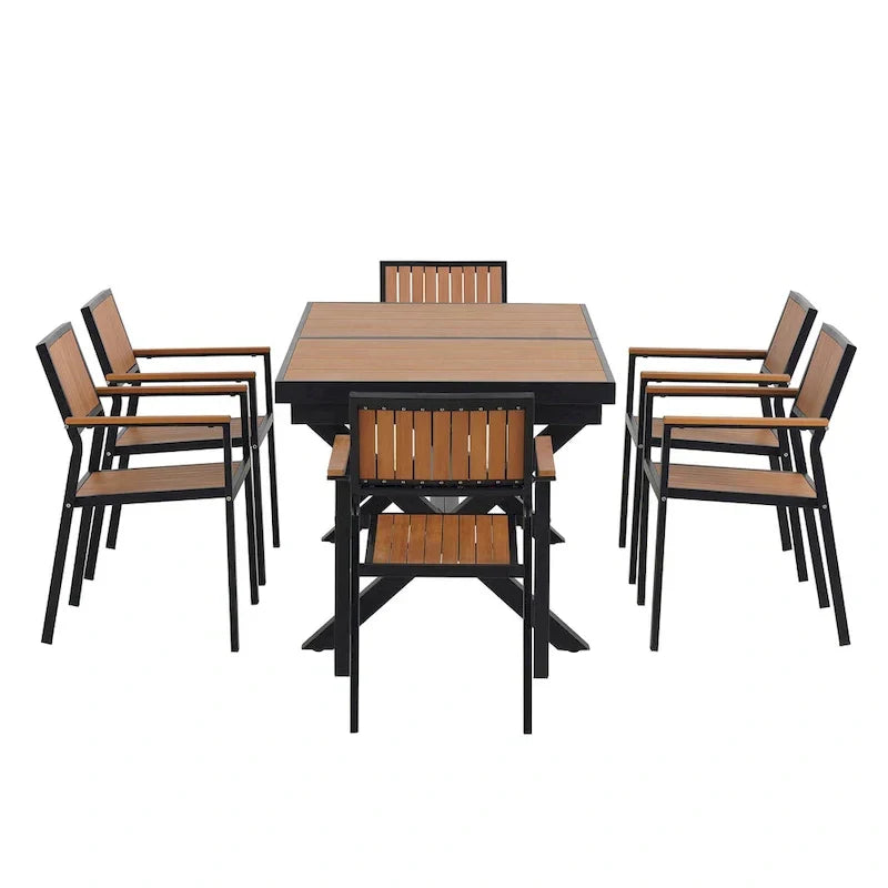 Set da pranzo da esterno allungabile a 7 pezzi con tavolo allungabile e 6 sedie con braccioli