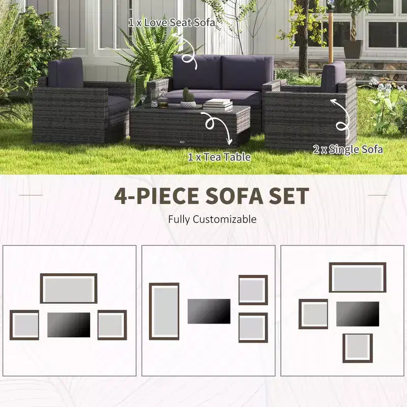 Set Divano in Rattan da 4 Pezzi, Set Divani da Esterno in Vimini con Divanetto Sedie Tavolino con Piano in Vetro per Giardino