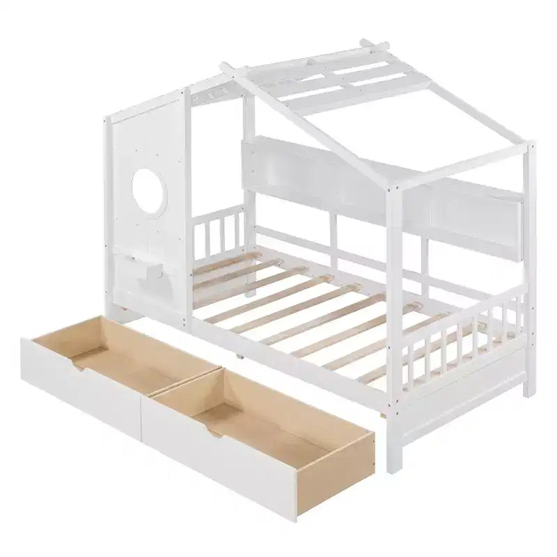 Letto a casetta in legno per bambini, piazza singola/matrimoniale, con 2 cassetti e ripiano portaoggetti - ModernLuxe