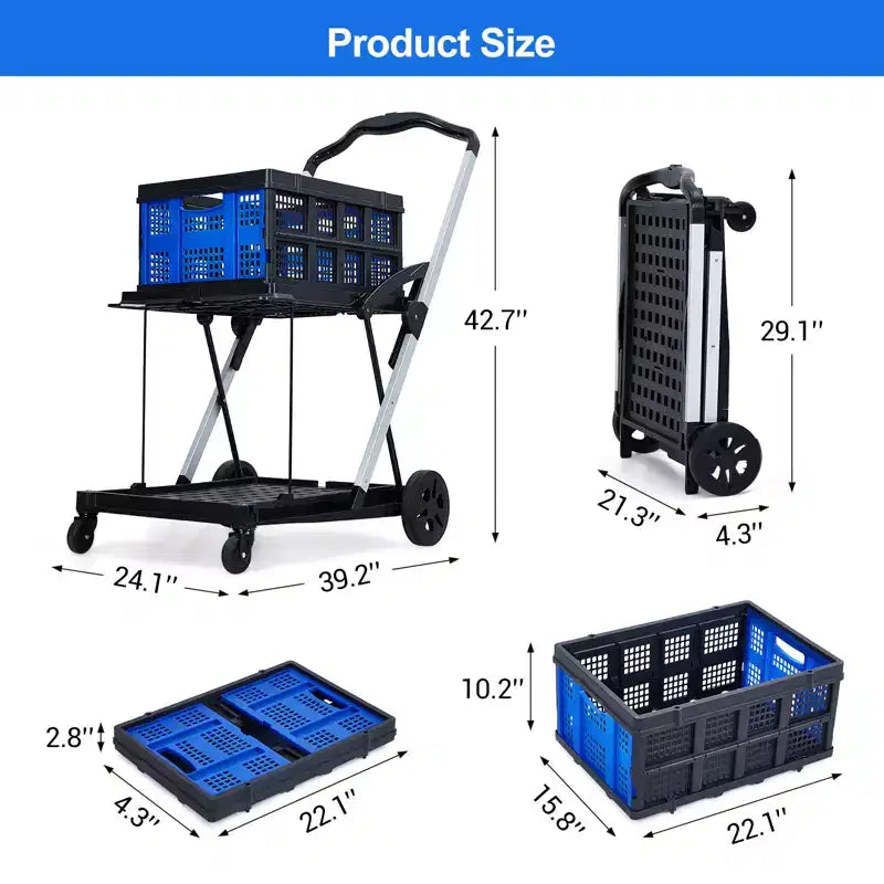 Carrelli della spesa pieghevoli a 2 livelli per la spesa, capacità 90 kg, carrello per la spesa portatile pieghevole con ruote e cassa rimovibile per centro commerciale, blu