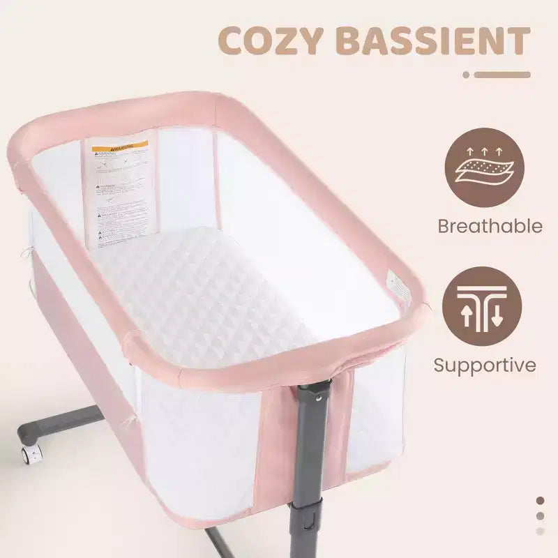 Culla Neonato con Ruote – Beige / Grigio / Rosa, Culla Fianco Letto, per 1 Neonato