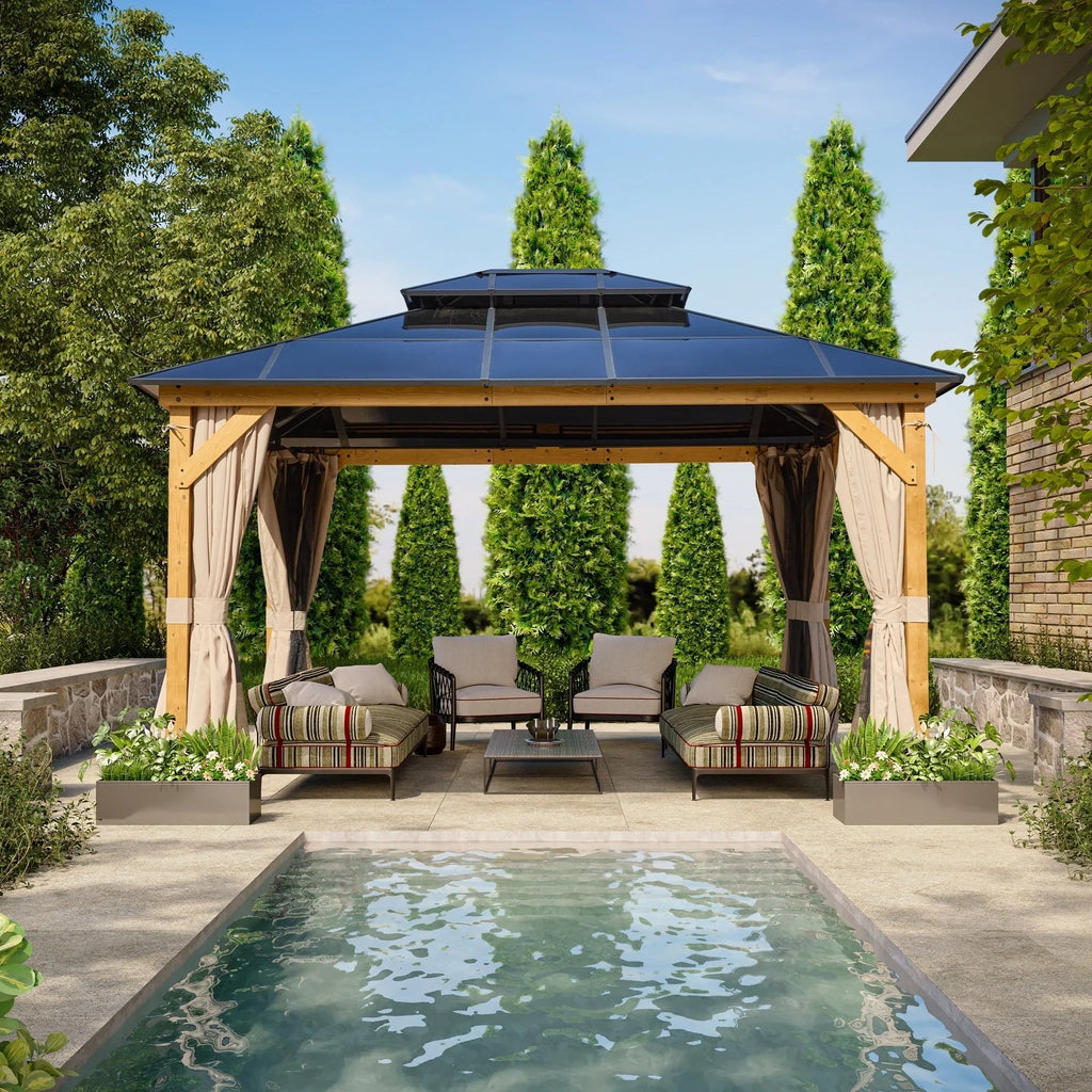 EROMMY Gazebo a tetto rigido, Pergola da esterno con doppio tetto, zanzariere e tende, Tenda da sole resistente per patio, cortile, feste in piscina