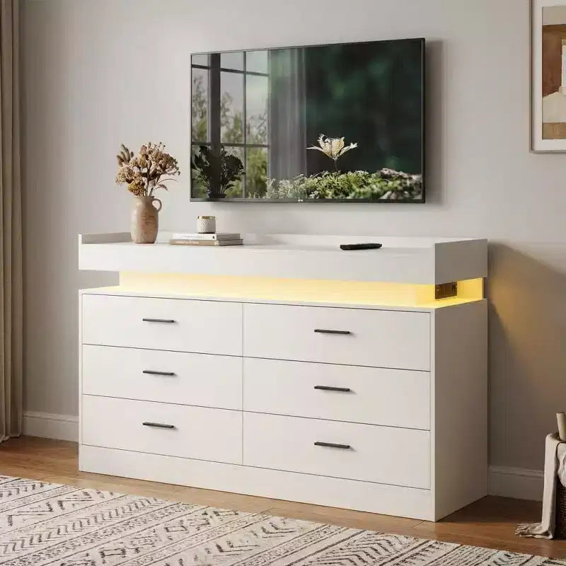 Mobile TV moderno con 6 cassetti e luci LED, bancone galleggiante per caffè/bar, per soggiorno, centro di intrattenimento