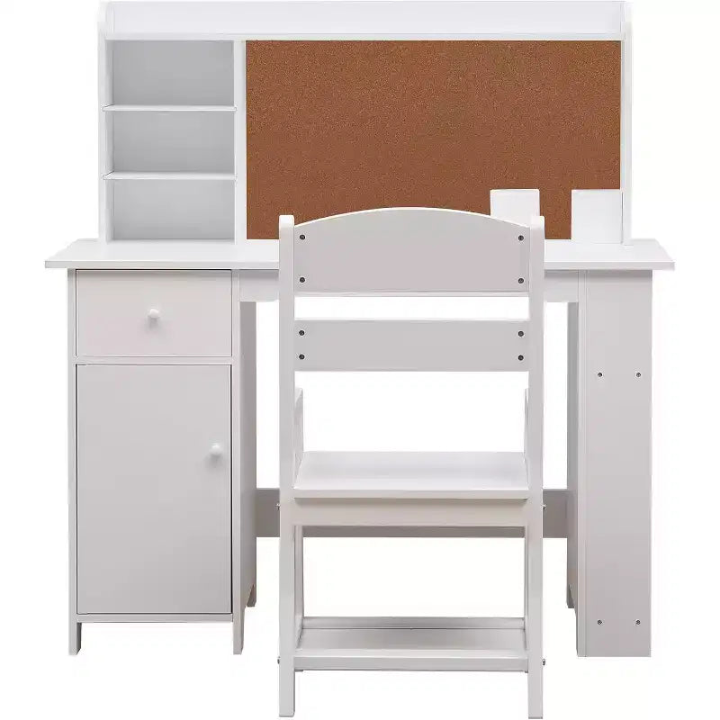 Scrivania per bambini, set scrivania e sedia per ragazzi e ragazze, tavolo da scrittura per bambini in legno con libreria, bacheca, armadietto e cassetto per età 3-8