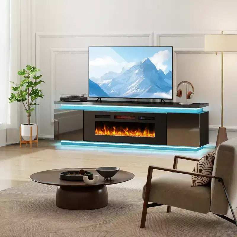 Mobile TV Skyzoo con camino elettrico per TV fino a 80" con luci a LED e 4 prese CA, console TV per soggiorno
