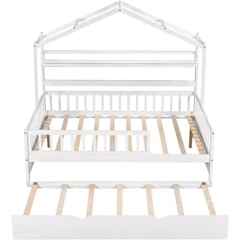 Acekool Letto a capanna a grandezza naturale con letto estraibile singolo, cassetti e ripiani portaoggetti, tetto e recinzione, letto a piattaforma per bambini, bianco