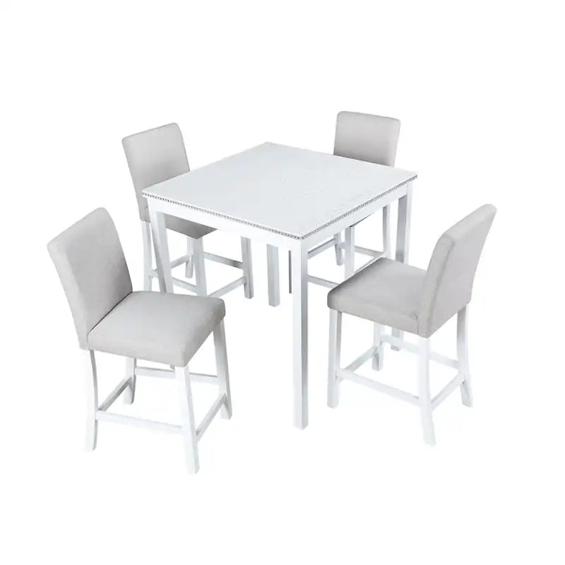 Set da pranzo moderno di 5 pezzi con tavolo quadrato ad altezza bancone e 4 sedie imbottite