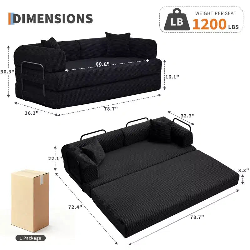 Divano letto convertibile 4-in-1, materasso pieghevole senza telaio in velluto a coste da 79 pollici con cuscino, divanetto senza montaggio per piccoli appartamenti