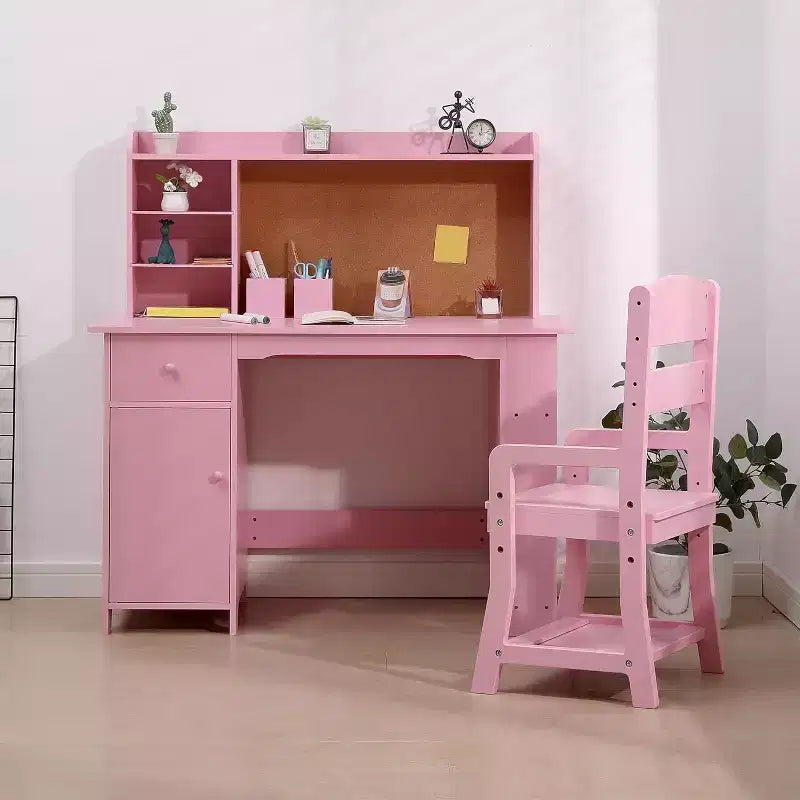 Scrivania per bambini, set scrivania e sedia per ragazzi e ragazze, tavolo da scrittura per bambini in legno con libreria, bacheca, armadietto e cassetto per età 3-8