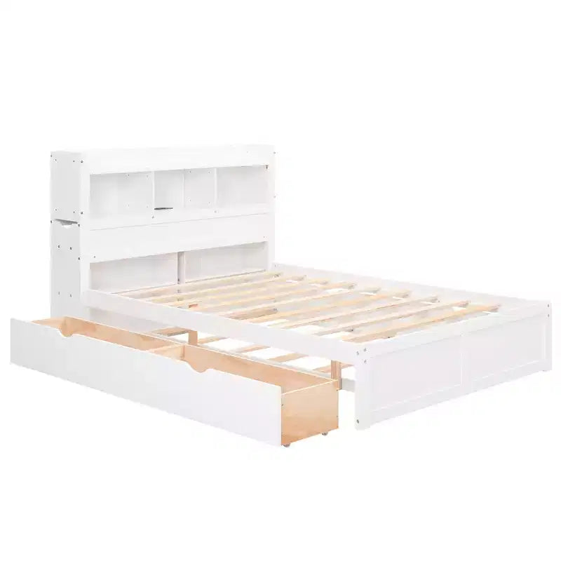 Letto matrimoniale con contenitore, rotelle estraibili, testiera libreria e stazione di ricarica, struttura letto in legno matrimoniale con mensole e cassetti