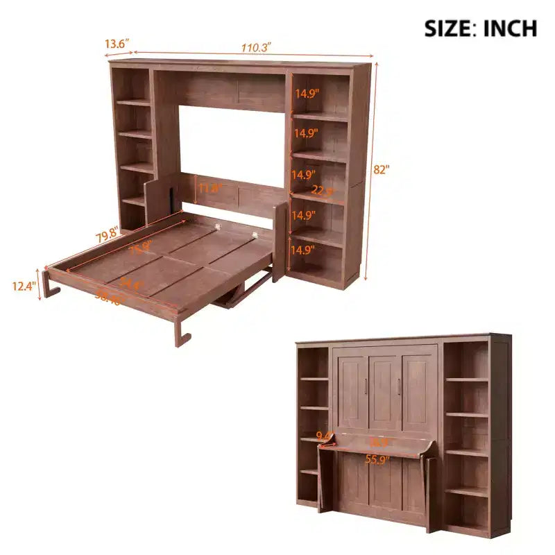 Letto a scomparsa matrimoniale/queen size salvaspazio con scrivania e libreria, marrone scuro - ModernLuxe