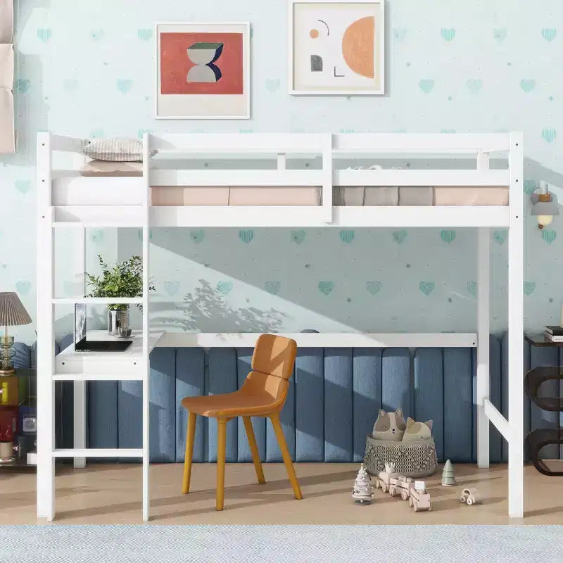 Letto a soppalco Okak Minimalism con scaletta, letto a soppalco singolo in legno di gomma con spondina di sicurezza e scrivania integrata, telai per letti per bambini, ragazzi