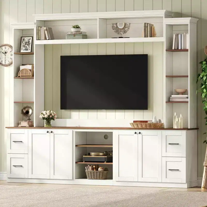 ModernLuxe Mobile TV da Parete 4 in 1 per Stile Rustico, Adatto a TV Fino a 70 Pollici, Consolle Multimediale con Ripiani Regolabili e Cassetti