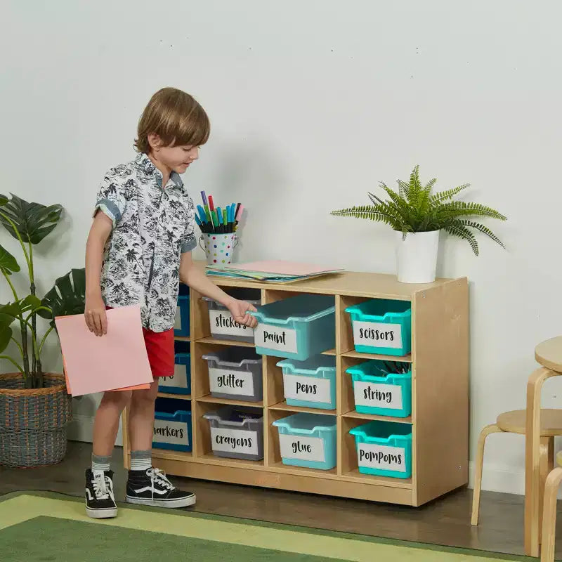Mobile Cubby con vassoio e 15 contenitori frontali a paletta, 3x4, Arredamento per bambini