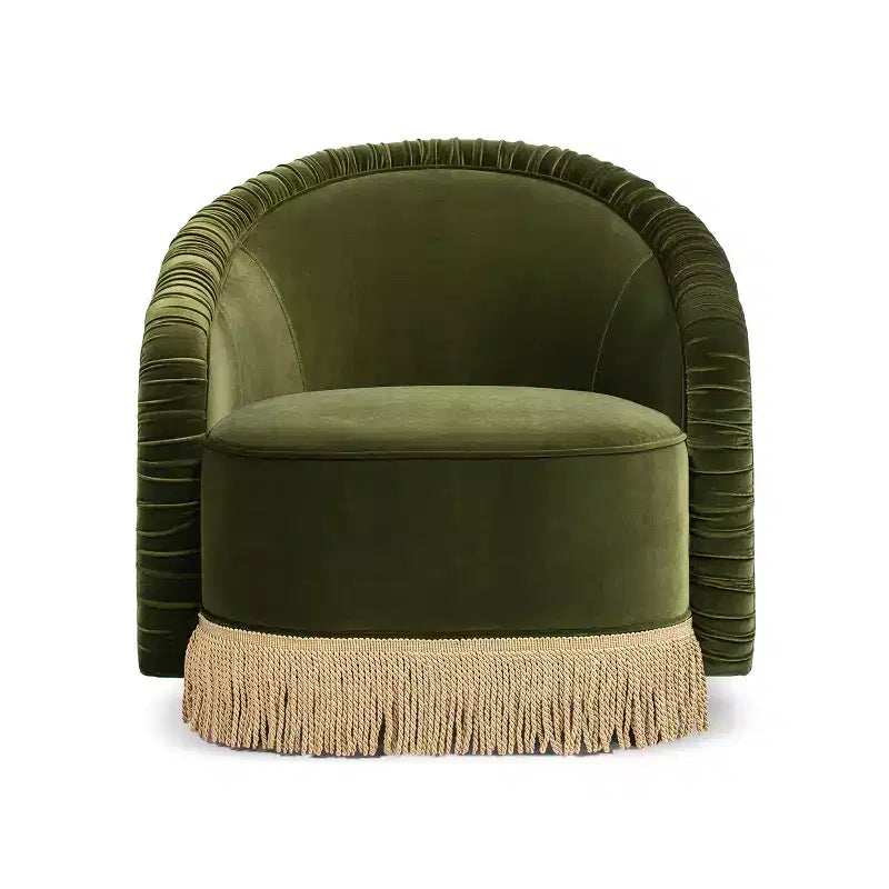 Poltrona Jennifer Taylor Home Serena 31,5" con schienale a botte arricciato e frange Bullion, velluto performance verde oliva