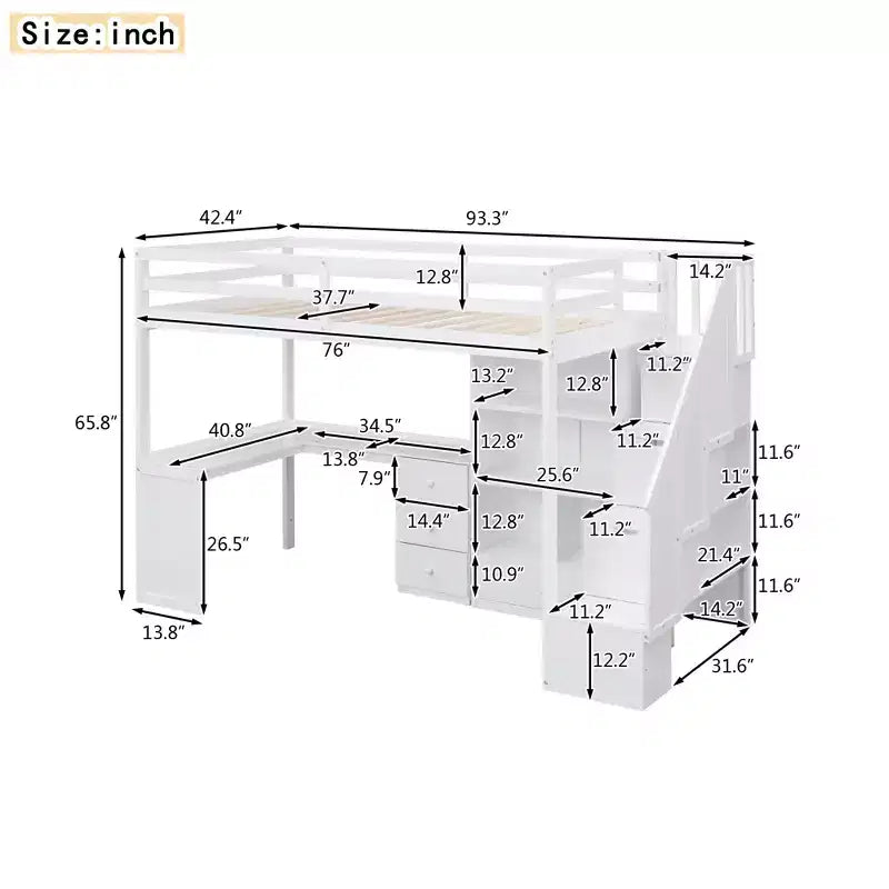 Letto a soppalco singolo con scrivania a L, 3 cassetti, armadio, contenitore per scale, struttura in pino massiccio/MDF