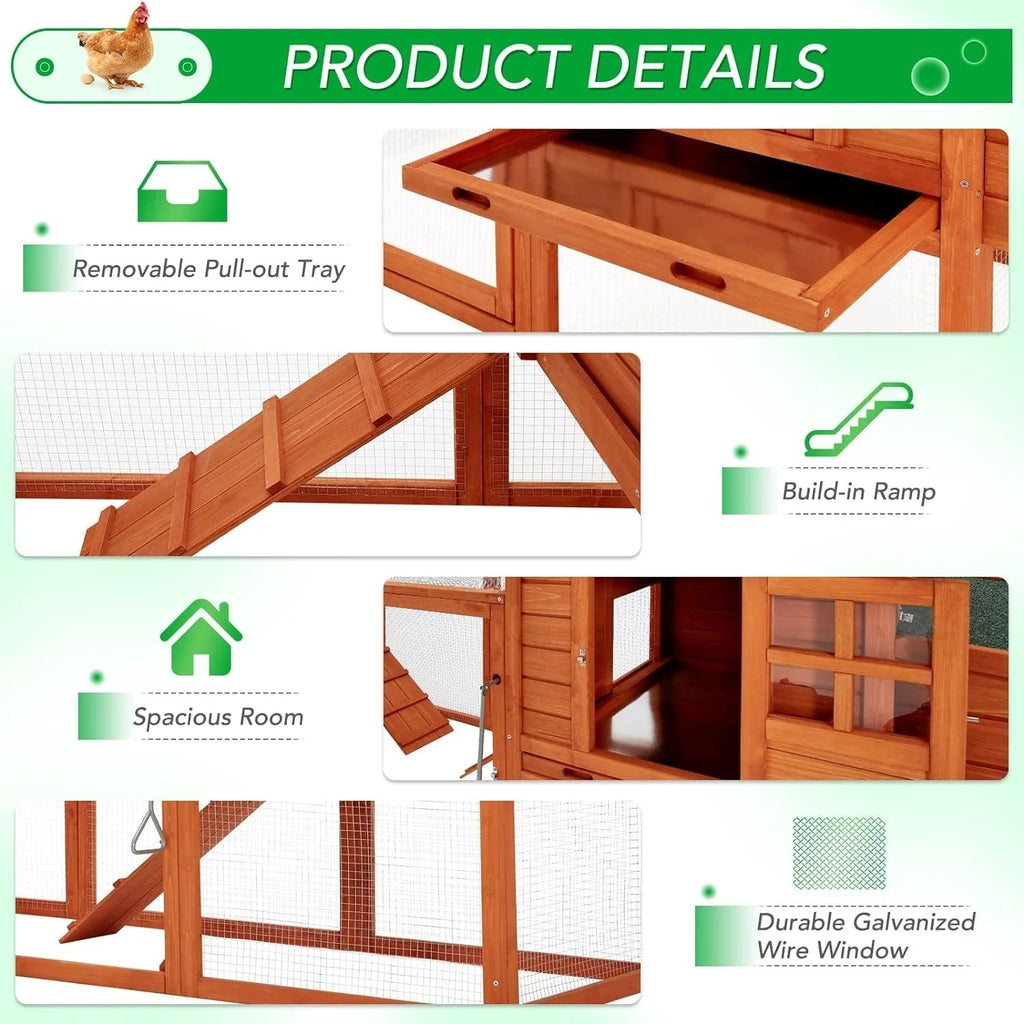 AECOJOY Pollaio Grande in Legno da 365 cm con Recinto e Conigliera