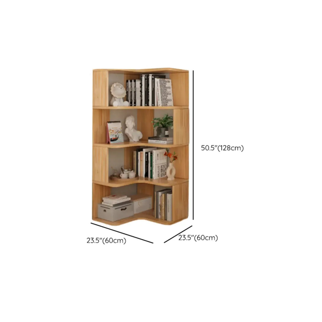 Libreria verticale angolare in legno con schienale aperto e finitura naturale