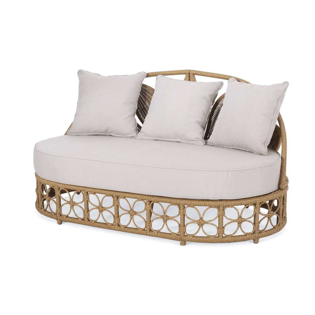 Homan Letto da giorno in vimini per esterni con cuscini, marrone chiaro e beige