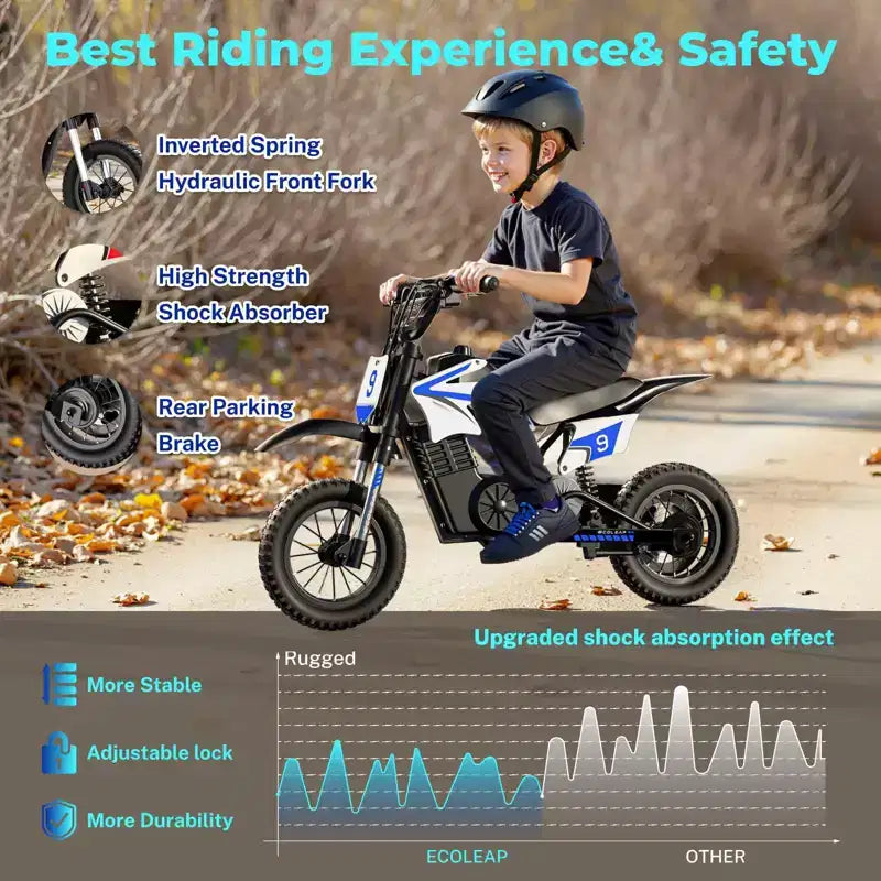 ECOLEAP K1 Moto da cross elettrica per bambini 36V 25 km/h veloce, autonomia 22 km, motore di picco 700W, 3 modalità di velocità, pneumatici fuoristrada da 12 pollici, certificazione UL, età 3-10 anni