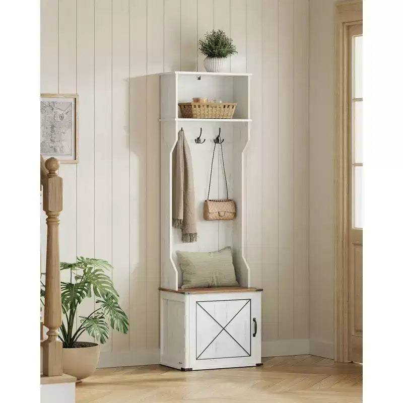 Albero da ingresso con panca e scarpiera, appendiabiti con panca per scarpe, mobili per ingresso, 3 ganci tripli, anta con maniglia, bianco rustico