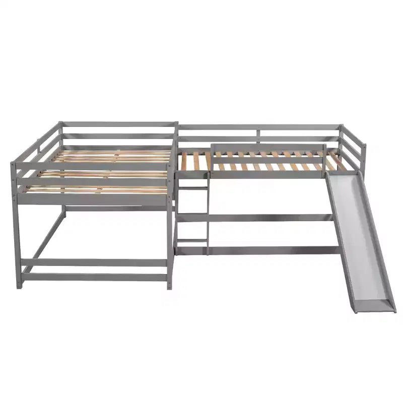 Letto a castello a L per 4 bambini, letto a castello quadruplo con scivolo, struttura in legno full e twin per cameretta dormitorio