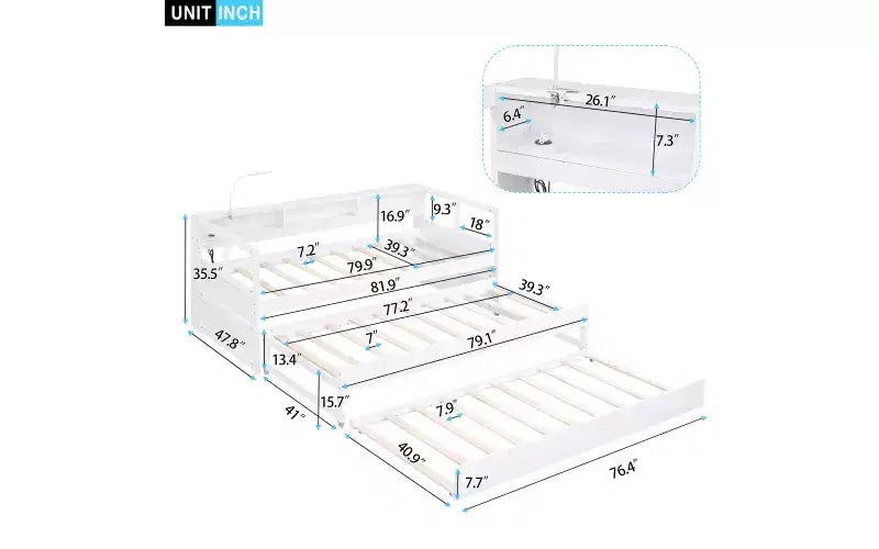 Whisen Twin XL Daybed in Legno con 2 Letti Estraibili, 3 Vani portaoggetti, 1 Luce Gratuita e USB per la Ricarica