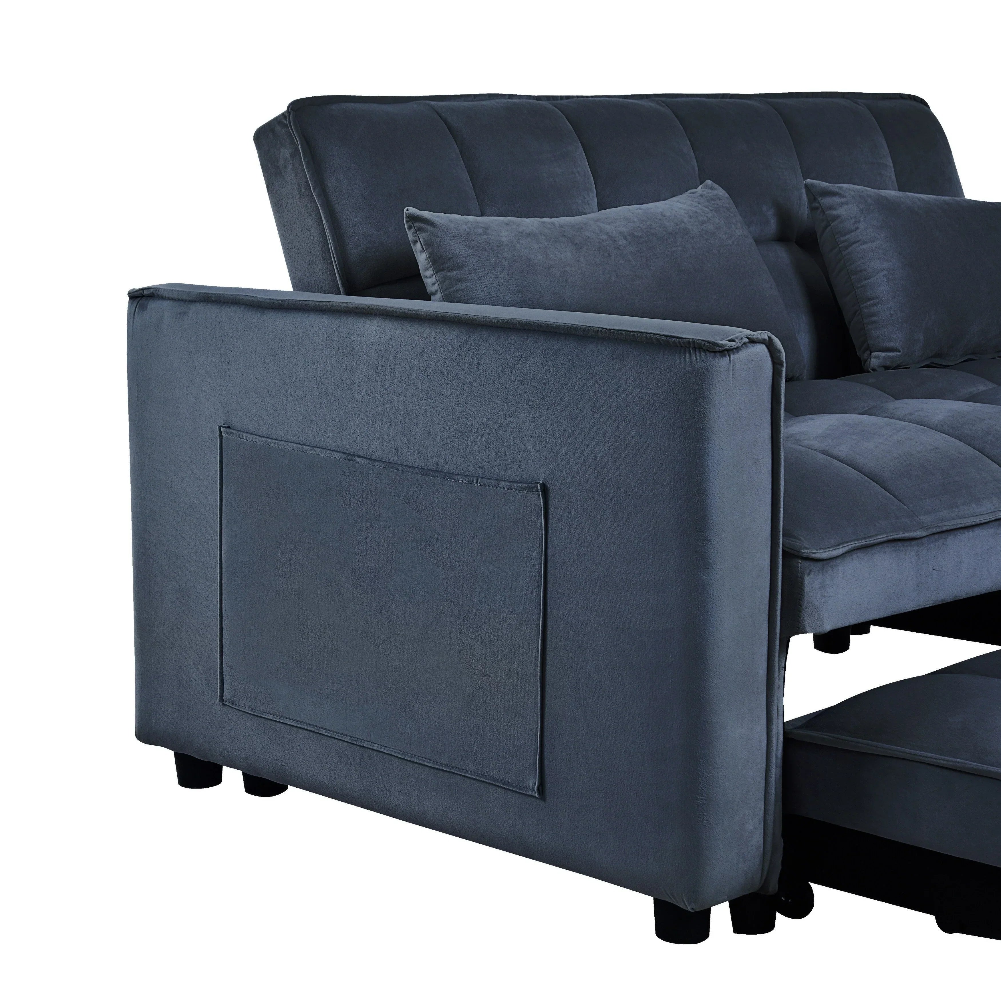 Moderno divano letto estraibile, divano letto 3-in-1 con schienale regolabile, divanetto in velluto, cuscini e tasche laterali