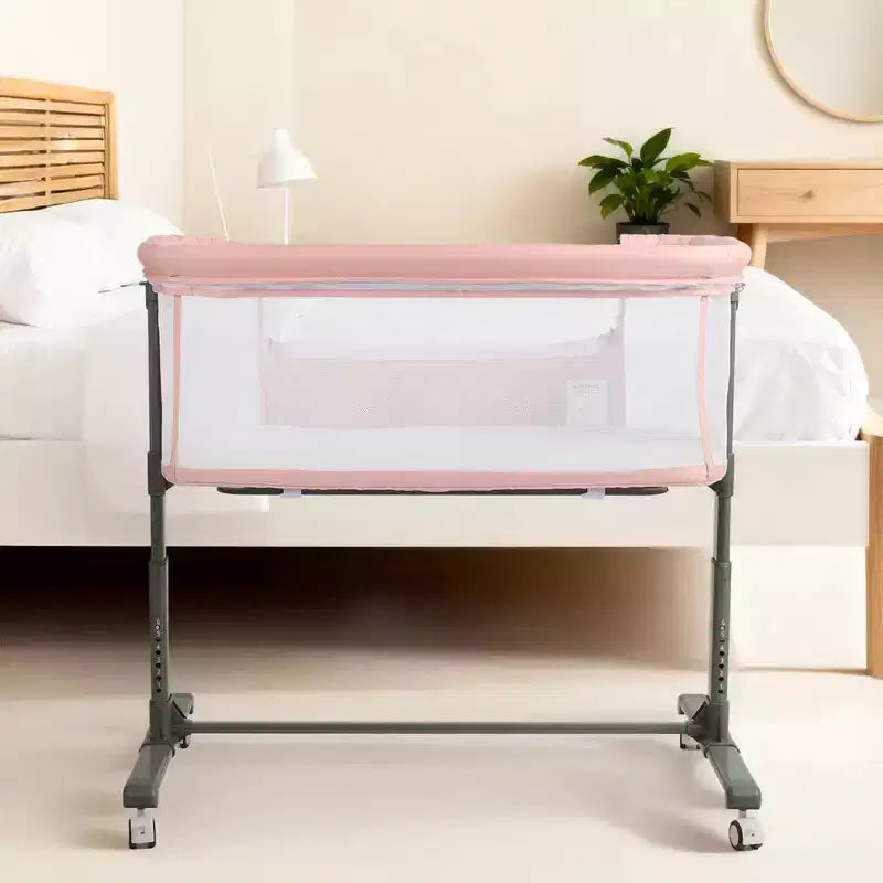 Culla Neonato con Ruote – Beige / Grigio / Rosa, Culla Fianco Letto, per 1 Neonato