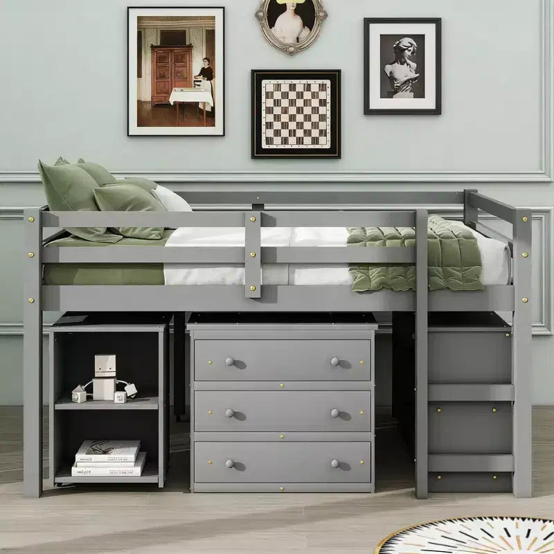 Letto a soppalco basso a una piazza e mezza con scrivania scorrevole, 3 cassetti e ripiani