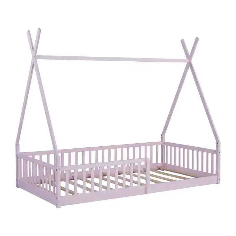 Letto a pavimento per bambini, letti a tenda a una piazza, letto a pavimento Montessori con doghe e sponde di protezione, struttura letto a casetta in legno per ragazzi e ragazze