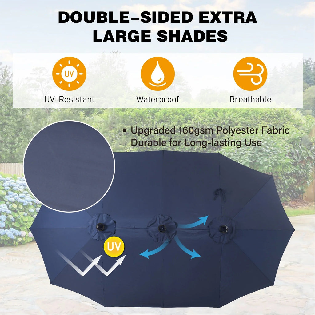 Ombrellone da esterno rettangolare con manovella, a doppia faccia, da 4,5 metri, con luci a LED solari e base inclusa