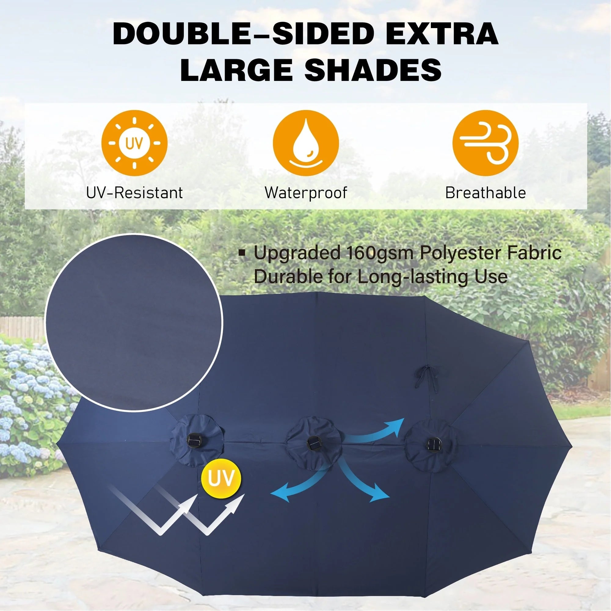 Ombrellone da esterno rettangolare con manovella, a doppia faccia, da 4,5 metri, con luci a LED solari e base inclusa