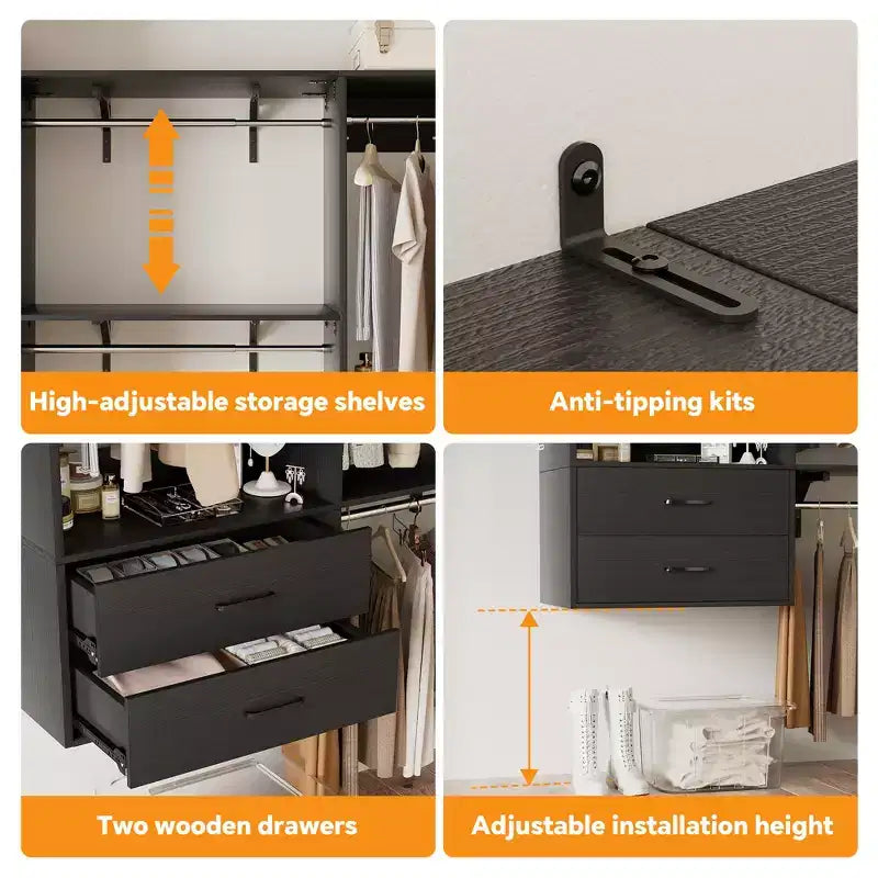 Sistema armadio autoportante con 8 aste appendiabiti e cassetti, Organizer armadio pensile con 10 ripiani