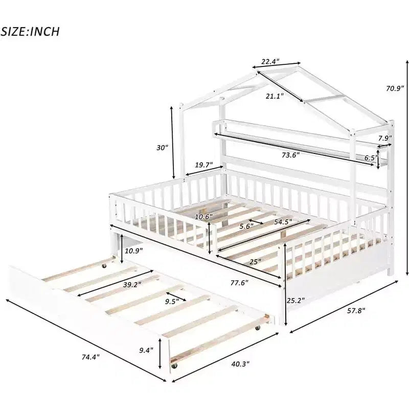 Acekool Letto a capanna a grandezza naturale con letto estraibile singolo, cassetti e ripiani portaoggetti, tetto e recinzione, letto a piattaforma per bambini, bianco