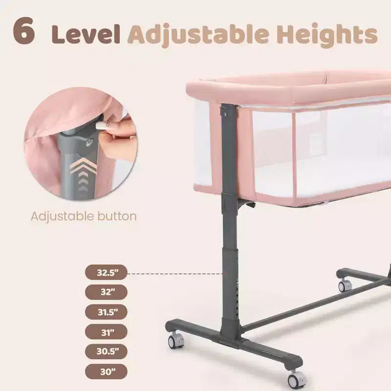 Culla Neonato con Ruote – Beige / Grigio / Rosa, Culla Fianco Letto, per 1 Neonato