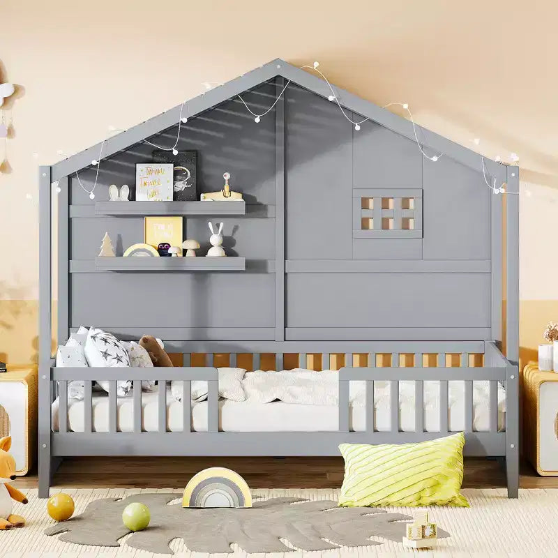 Letto a capanna per bambini con scaffali e sponde, Struttura letto in legno stile Montessori per bambini con finestra e striscia luminosa scintillante