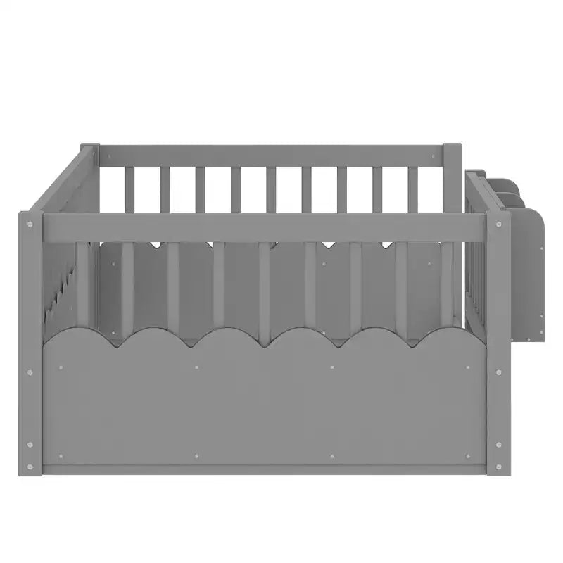 Lit d'enfant Bellemave avec clôture rehaussée et étagère, cadre de lit Montessori double en bois pour filles et garçons