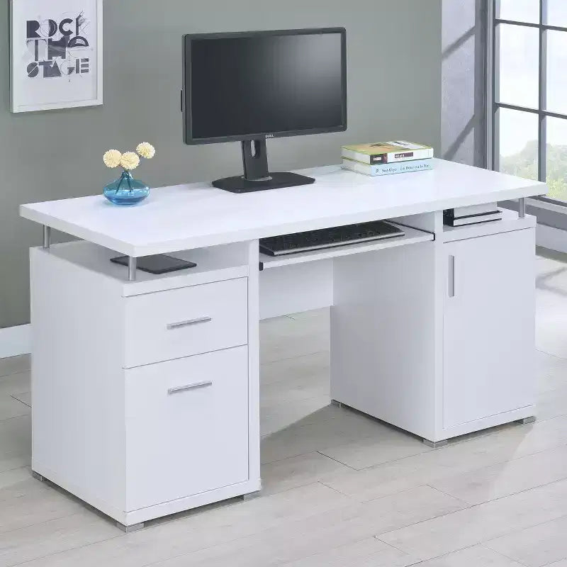 TUYOHW 55 Bureau en Bois, Table d'ordinateur de Bureau avec 2 Tiroirs, 1 Armoire, 1 Étagère Ouverte, 1 Porte, Bureau de Travail pour Bureau à Domicile, Étude, Petits Espaces
