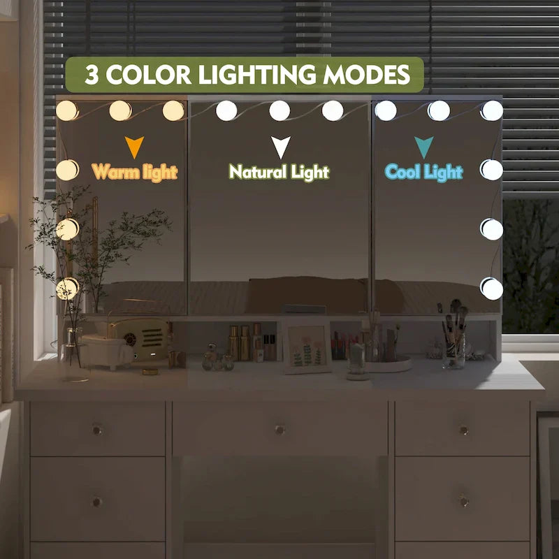 Lussuosa Toeletta da Trucco a LED con 9 Cassetti Elegante Postazione Trucco