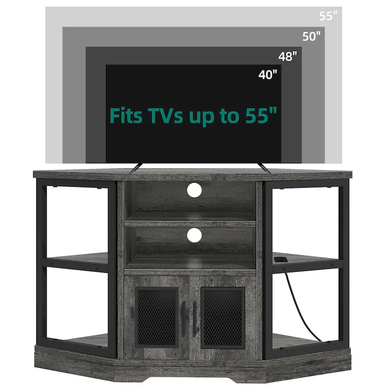 Mobile TV ad angolo in stile rustico con presa di corrente, per TV fino a 55 pollici