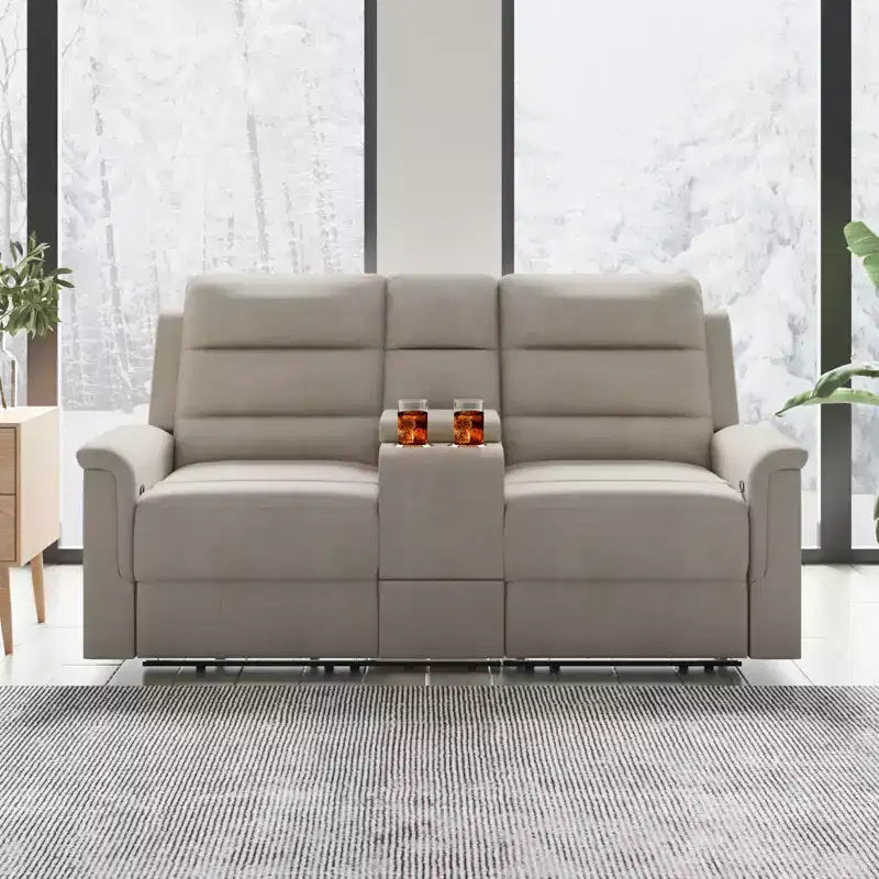 Divanetto reclinabile in tessuto tecnico beige/grigio, 2 posti, schienale e poggiapiedi regolabili