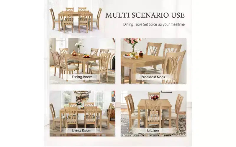 Zevemomo Set da Pranzo da 7 Pezzi in Legno Massello con 6 Sedie Imbottite, Set Tavolo e Sedie Salvaspazio, per Sala da Pranzo, Cucina, Colore Legno Naturale
