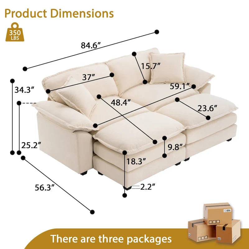Divano a 2 posti con 2 cuscini, 2 guanciali e 2 pouf, divano confortevole - Divano profondo da soggiorno, divano modulare