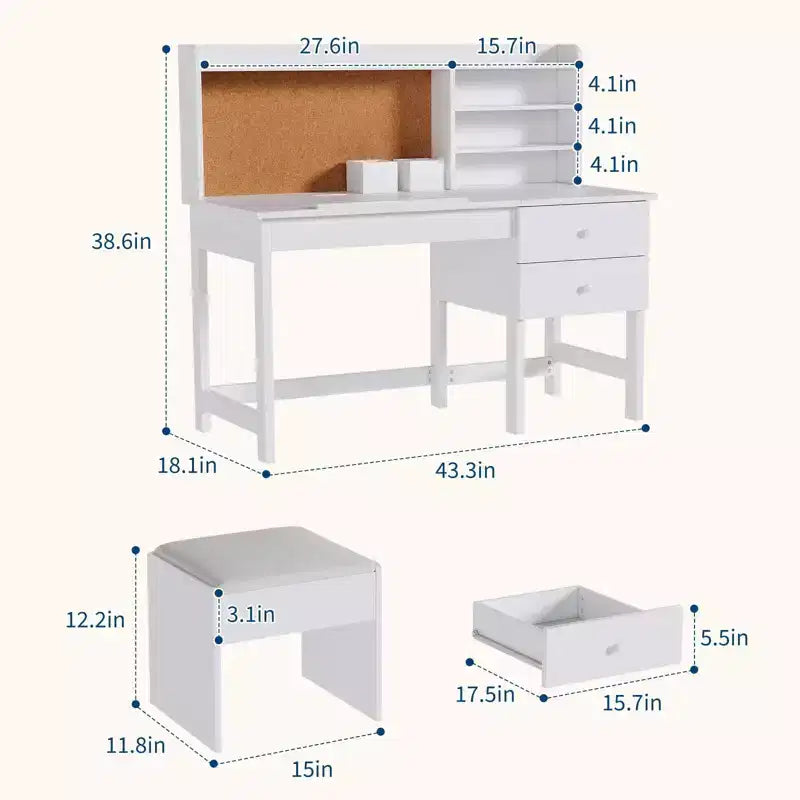 Set scrivania e sedia per bambini, tavolo da studio in legno con piano inclinabile regolabile, cassetti e bacheca in sughero - Set scrivania per lo studio dei bambini