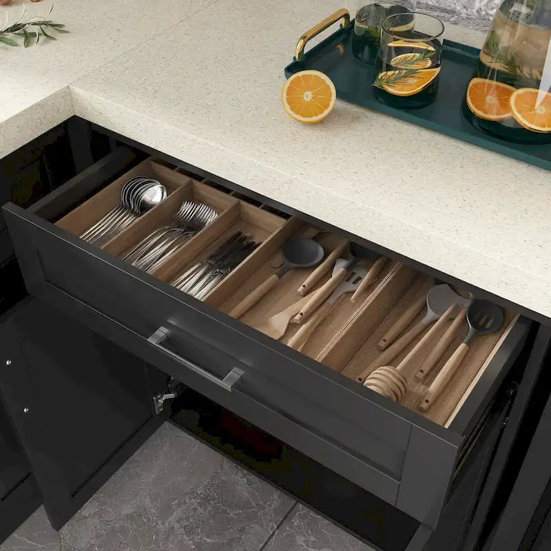 Mobile angolare efficiente per cucina Isola a L: Ampio spazio di archiviazione con cassetti scorrevoli, piano di lavoro UV