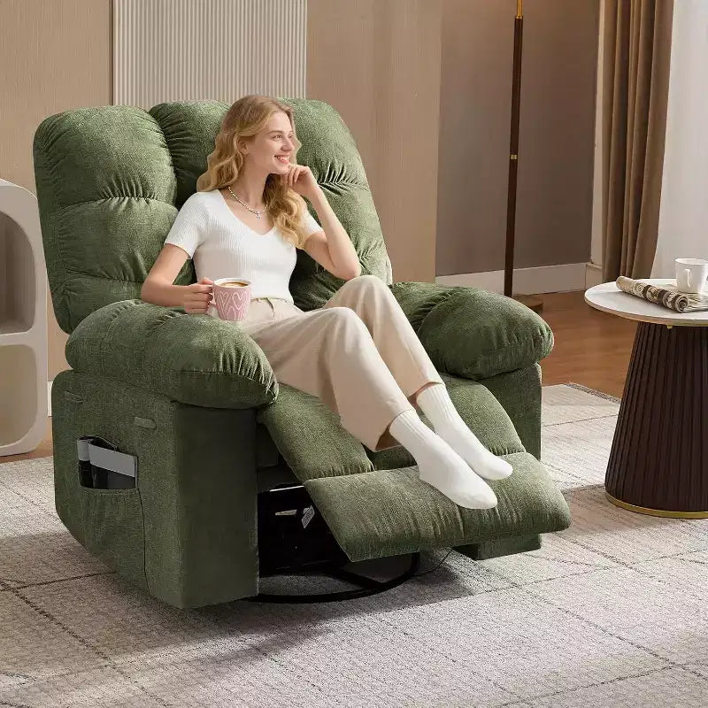 Poltrona Reclinabile Massaggiante con Calore - Girevole a 360°, Dondolo, Divano Singolo Oversize con Vibrazione, USB e Tasche Contenitore per Soggiorno/Camera da Letto