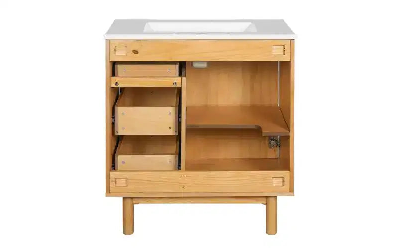 Mobile lavabo JVNOXK da 30 pollici, rustico e moderno, in ceramica, con 3 cassetti e 1 anta grande con chiusura ammortizzata, mobile contenitore, venatura del legno naturale
