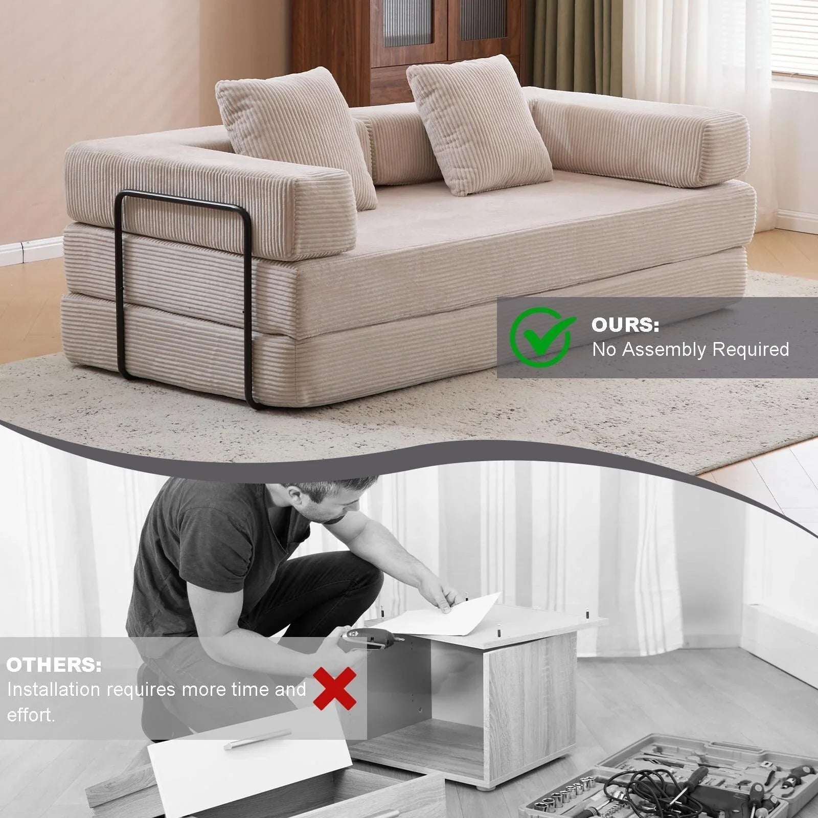 Divano letto convertibile da pavimento con schienale a cuscino in tessuto ciniglia per soggiorno camera da letto